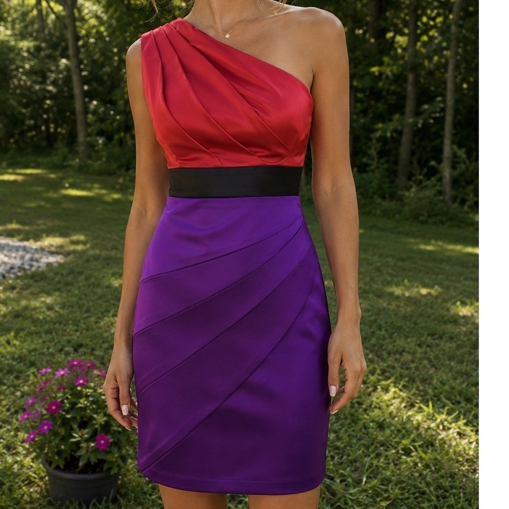 Y2K Colorblock One Shoulder Satin Mini Dress 5 Party Cocktail Barbiecore NWT